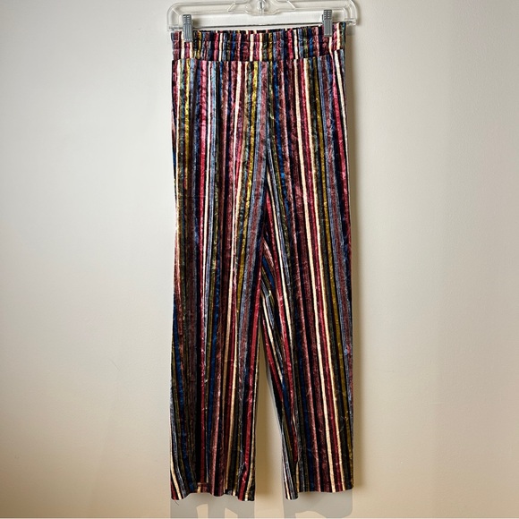 Multicolor Jewel Toned Stripes Crushed Velvet Pants with Elastic Waistband Small - Picture 2 of 10